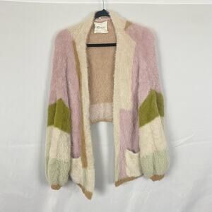 &Merci Colorblock Oversized Fuzzy Open Front Cardigan, Size L - Soft Cozy Knit
